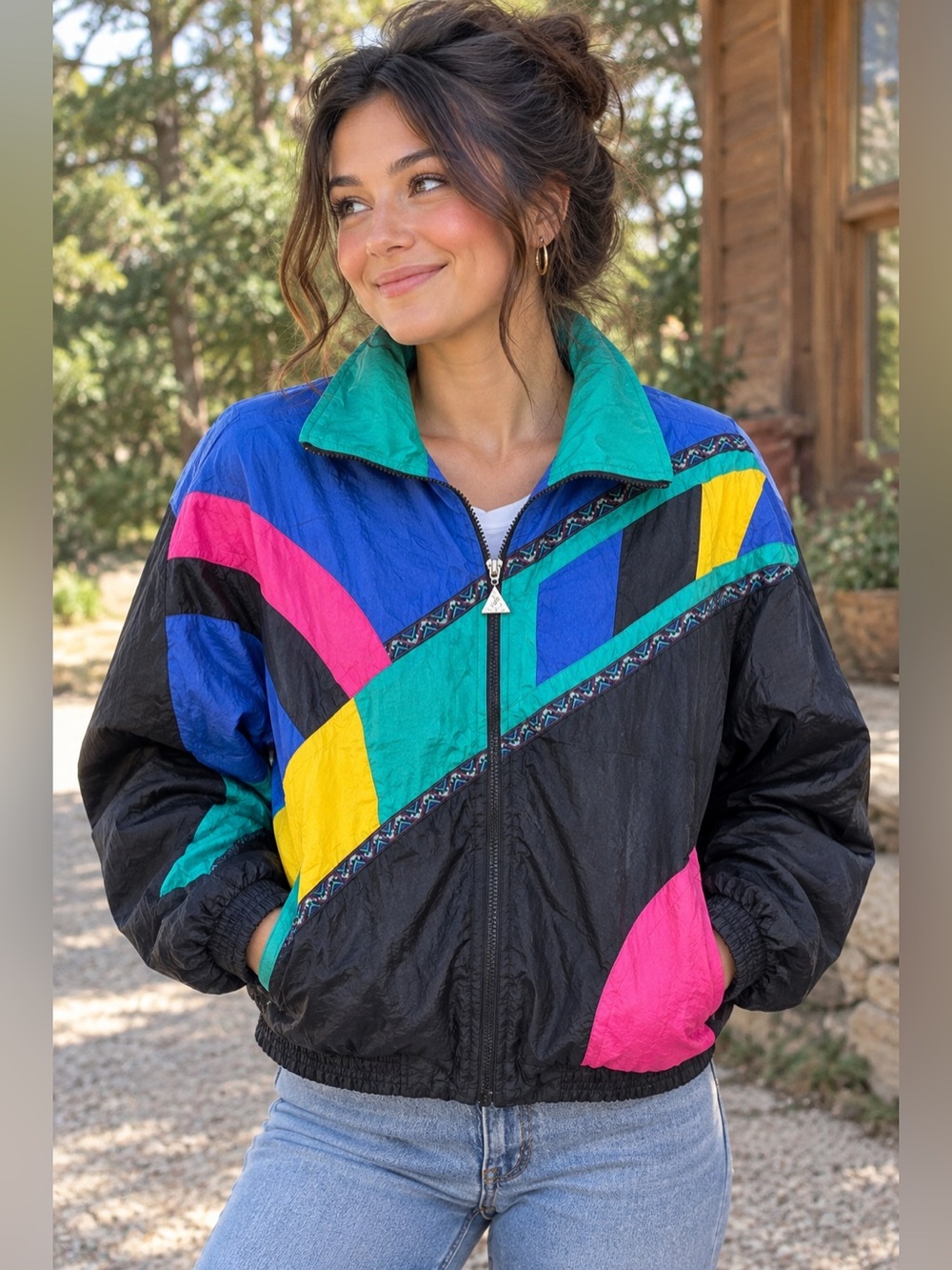 Vintage 80s 90s windbreaker rain jacket bright color block pink teal turquoise
